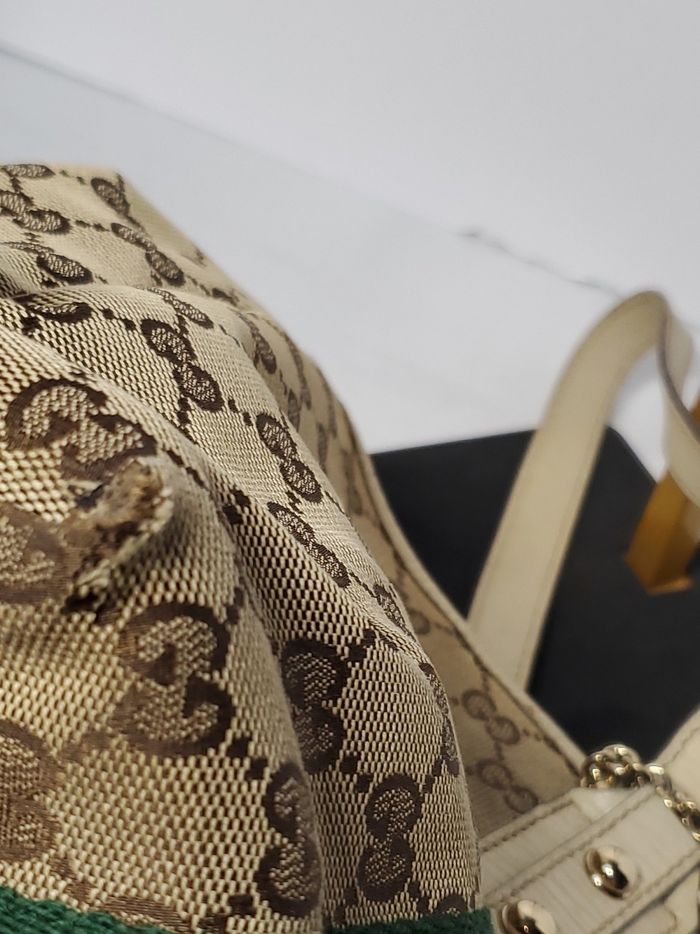 Gucci Beige GG Canvas Tote with Green and Red Web Stripe and Cream Trim - Picture 10 of 16